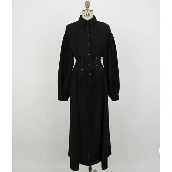 NWOT Korean Brand Black Corset Lace Up Long Belted Button Down Dress - Picture 4 of 16